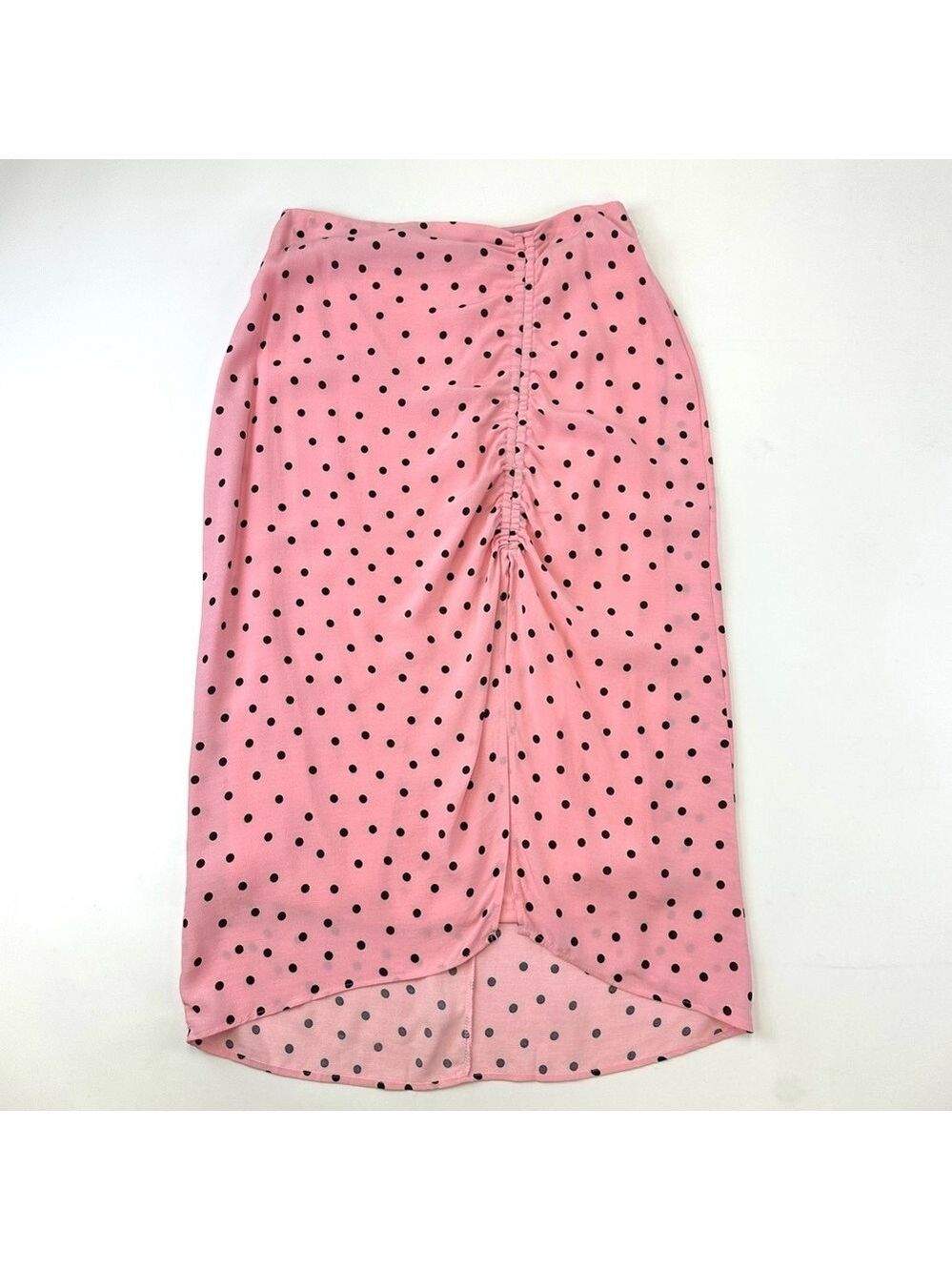 Stradivarius pink polkadot skirt Size 10 midi front slit ruched lined Retro